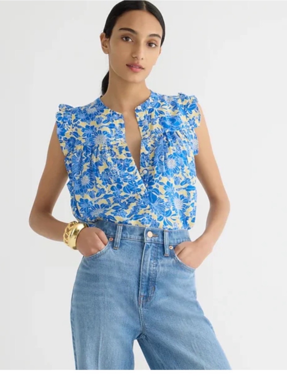 J. Crew Blue and Yellow Floral Ruffle Cap Sleeve Popover Blouse